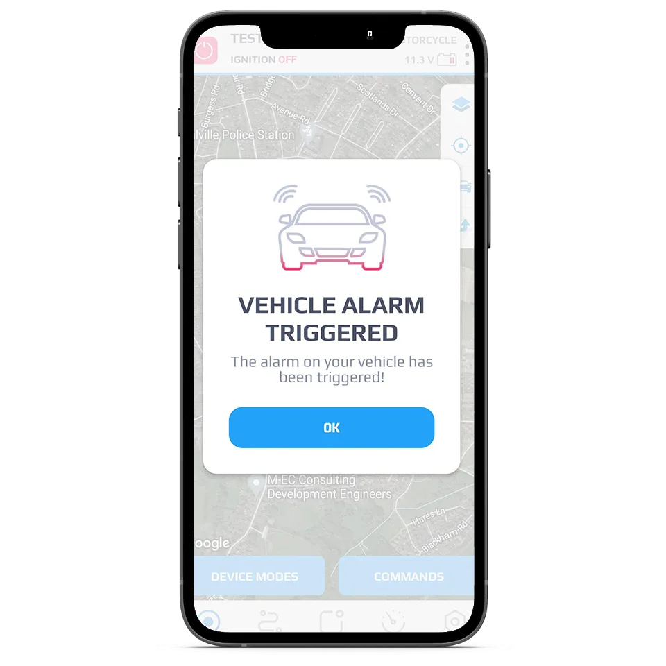 Meta Trak app showing a vehicle alarm triggered alert