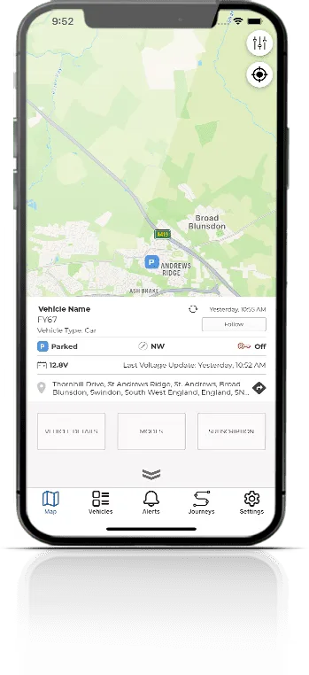 ScorpionTrack app showing a vehicle's location on a map