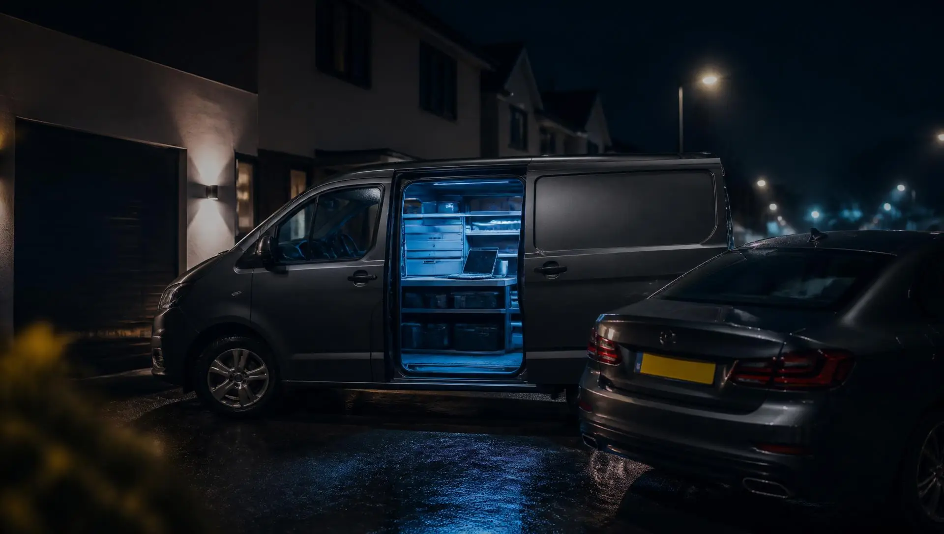 Mobile workshop van open beside a car on a driveway at night