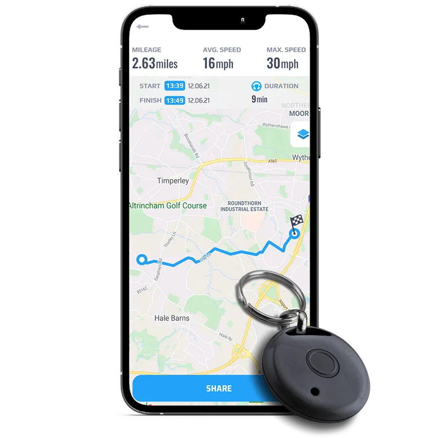 Meta Trak app showing a journey on a map, with the driver ID tag